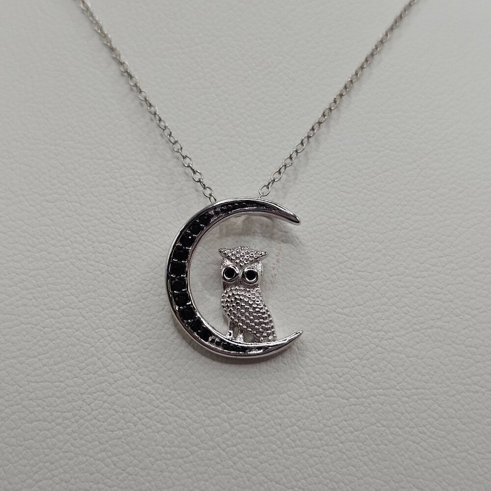 Sterling Silver 925 Rhodium Plated CZ Black Moon and Owl Pendant Necklace - Picture 4 of 10